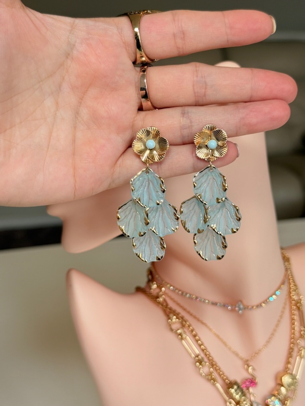 Gold-Tone Blue Leaf Drop Earrings - Picture 9 of 9